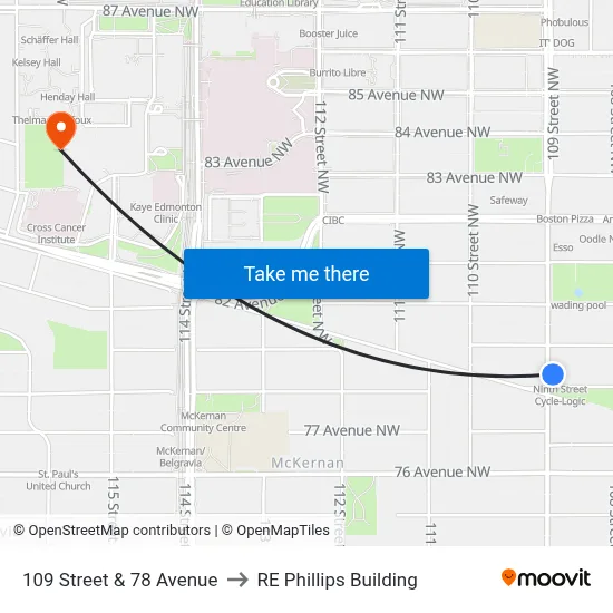 109 Street & 78 Avenue to RE Phillips Building map