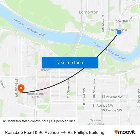 Rossdale Road & 96 Avenue to RE Phillips Building map