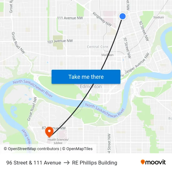 96 Street & 111 Avenue to RE Phillips Building map
