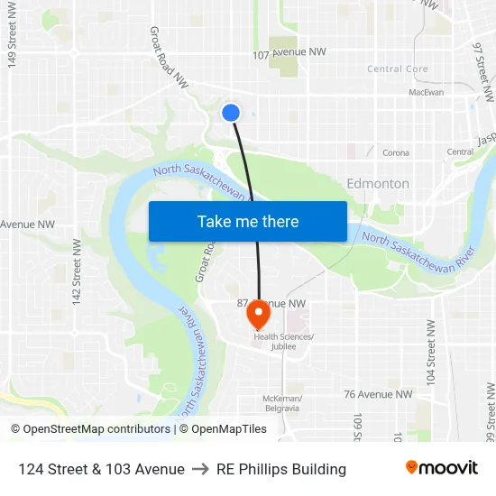 124 Street & 103 Avenue to RE Phillips Building map