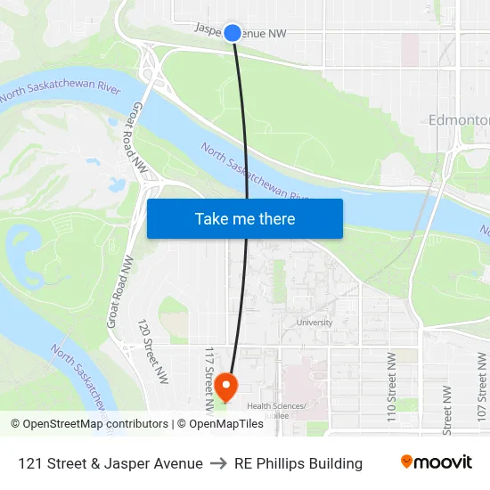 121 Street & Jasper Avenue to RE Phillips Building map