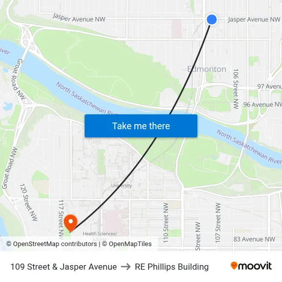 109 Street & Jasper Avenue to RE Phillips Building map