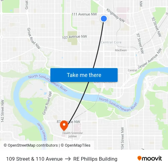 109 Street & 110 Avenue to RE Phillips Building map