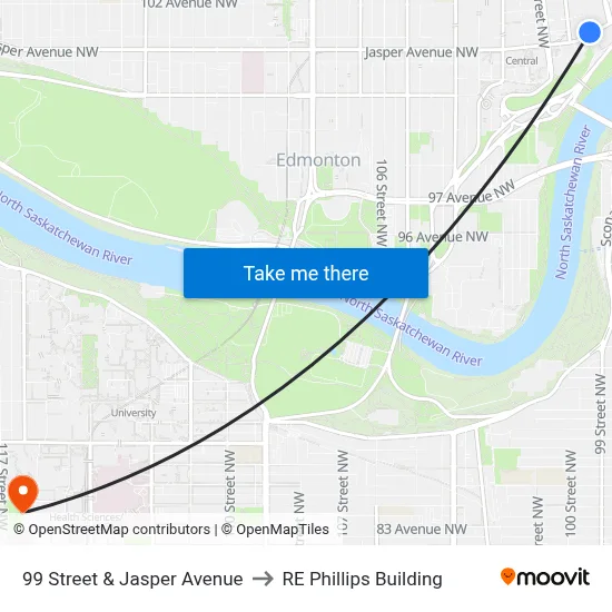 99 Street & Jasper Avenue to RE Phillips Building map