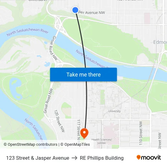 123 Street & Jasper Avenue to RE Phillips Building map