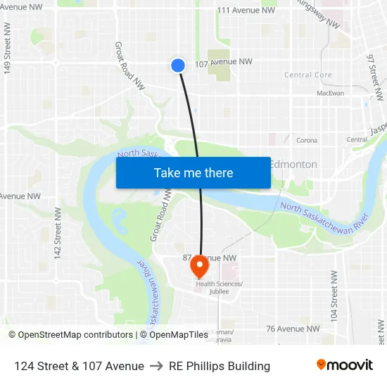 124 Street & 107 Avenue to RE Phillips Building map
