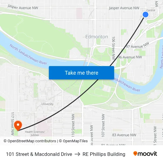 101 Street & Macdonald Drive to RE Phillips Building map