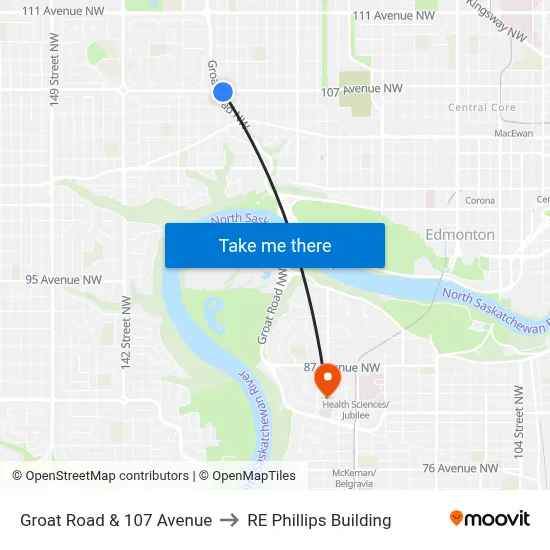 Groat Road & 107 Avenue to RE Phillips Building map