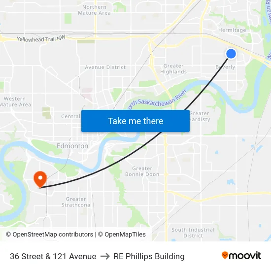 36 Street & 121 Avenue to RE Phillips Building map