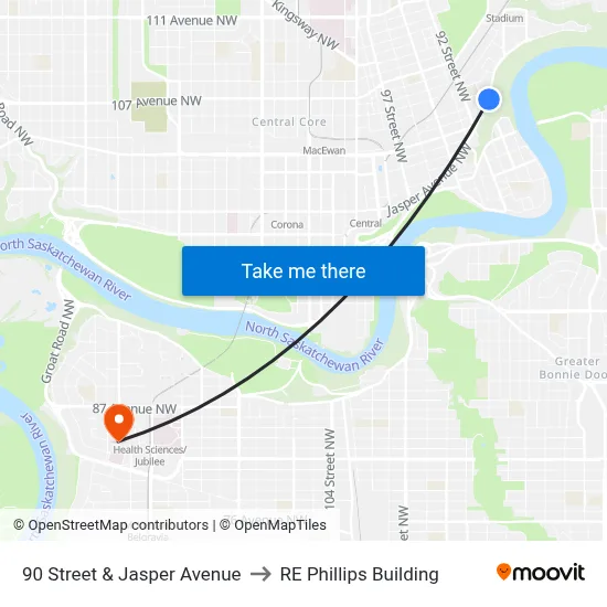 90 Street & Jasper Avenue to RE Phillips Building map