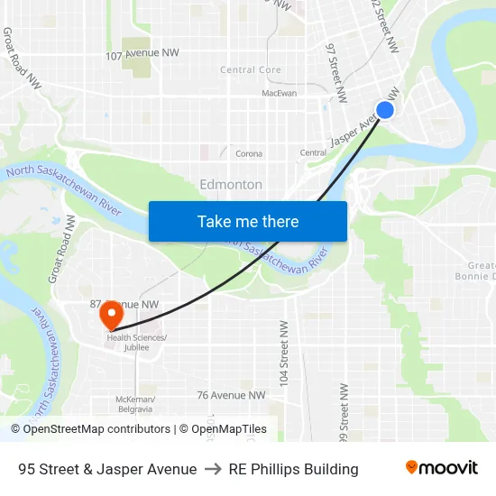 95 Street & Jasper Avenue to RE Phillips Building map