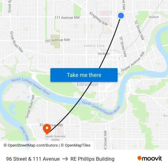 96 Street & 111 Avenue to RE Phillips Building map