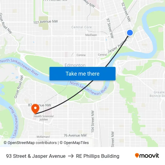 93 Street & Jasper Avenue to RE Phillips Building map