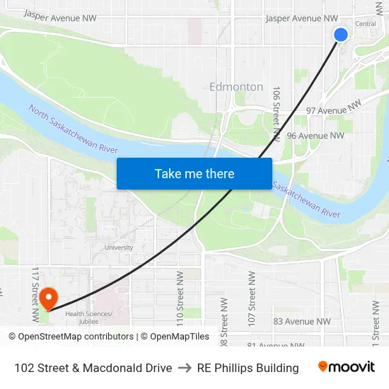 102 Street & Macdonald Drive to RE Phillips Building map