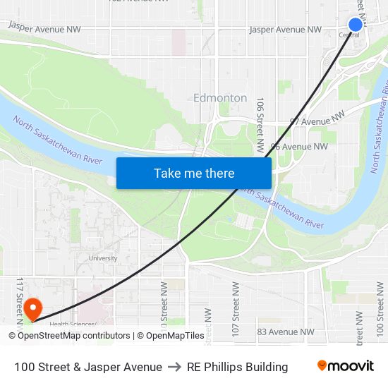 100 Street & Jasper Avenue to RE Phillips Building map