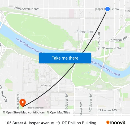 105 Street & Jasper Avenue to RE Phillips Building map