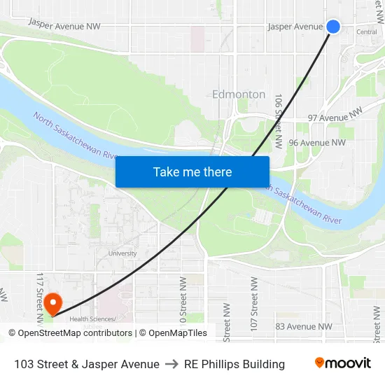 103 Street & Jasper Avenue to RE Phillips Building map