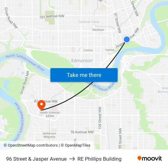 96 Street & Jasper Avenue to RE Phillips Building map