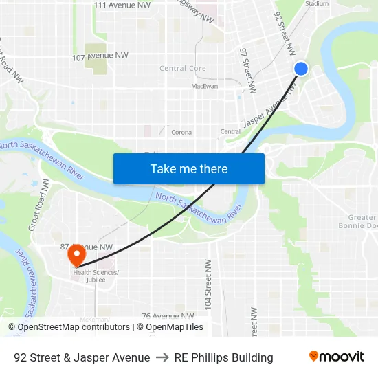 92 Street & Jasper Avenue to RE Phillips Building map