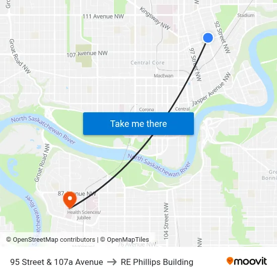 95 Street & 107a Avenue to RE Phillips Building map