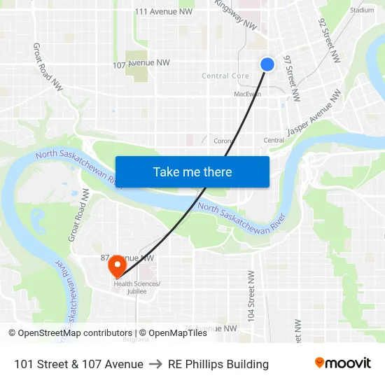101 Street & 107 Avenue to RE Phillips Building map