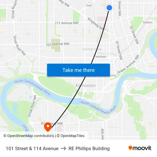 101 Street & 114 Avenue to RE Phillips Building map