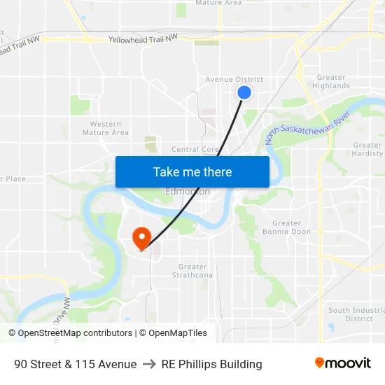 90 Street & 115 Avenue to RE Phillips Building map