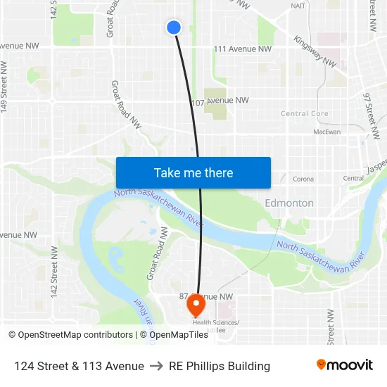 124 Street & 113 Avenue to RE Phillips Building map