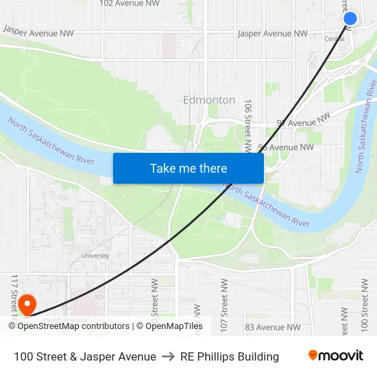 100 Street & Jasper Avenue to RE Phillips Building map