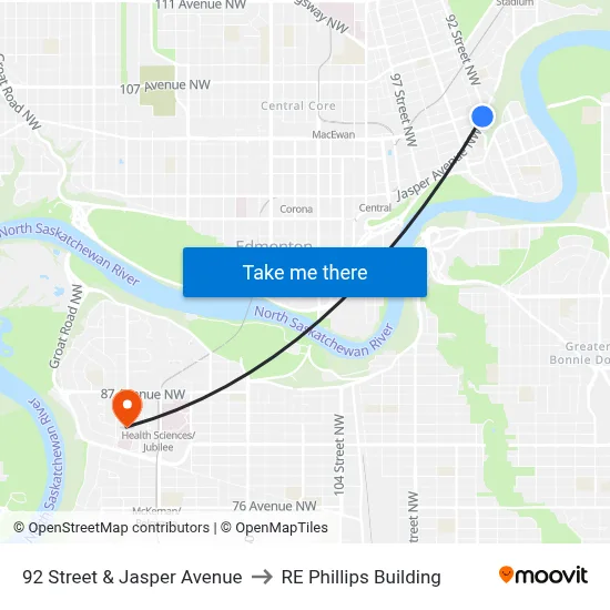 92 Street & Jasper Avenue to RE Phillips Building map