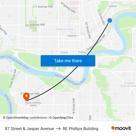 87 Street & Jasper Avenue to RE Phillips Building map