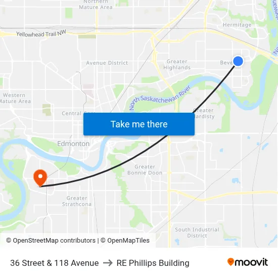 36 Street & 118 Avenue to RE Phillips Building map