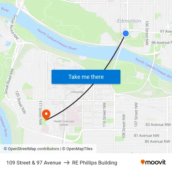 109 Street & 97 Avenue to RE Phillips Building map