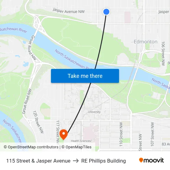 115 Street & Jasper Avenue to RE Phillips Building map