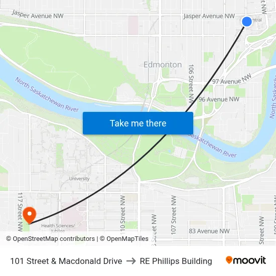 101 Street & Macdonald Drive to RE Phillips Building map