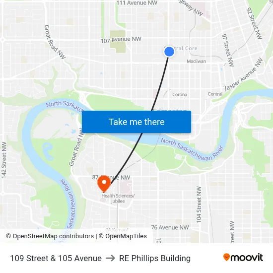109 Street & 105 Avenue to RE Phillips Building map