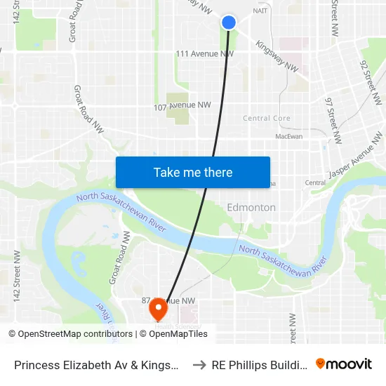 Princess Elizabeth Av & Kingsway to RE Phillips Building map
