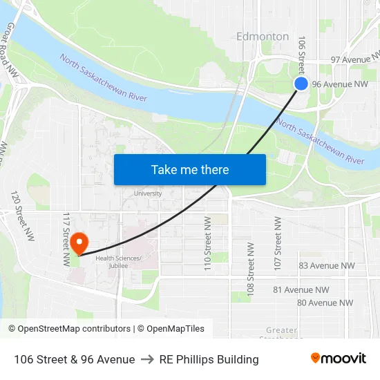 106 Street & 96 Avenue to RE Phillips Building map