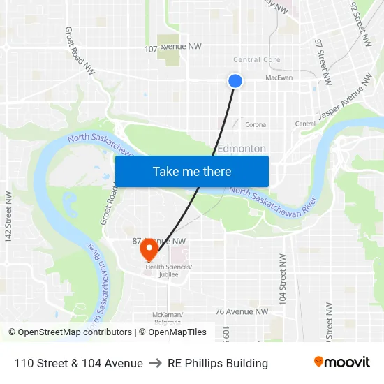 110 Street & 104 Avenue to RE Phillips Building map