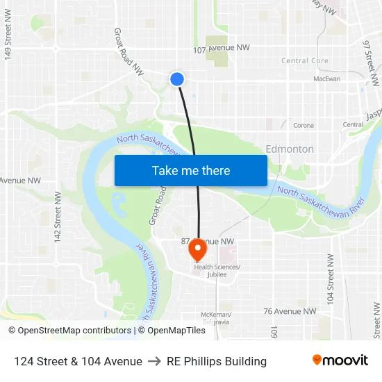 124 Street & 104 Avenue to RE Phillips Building map