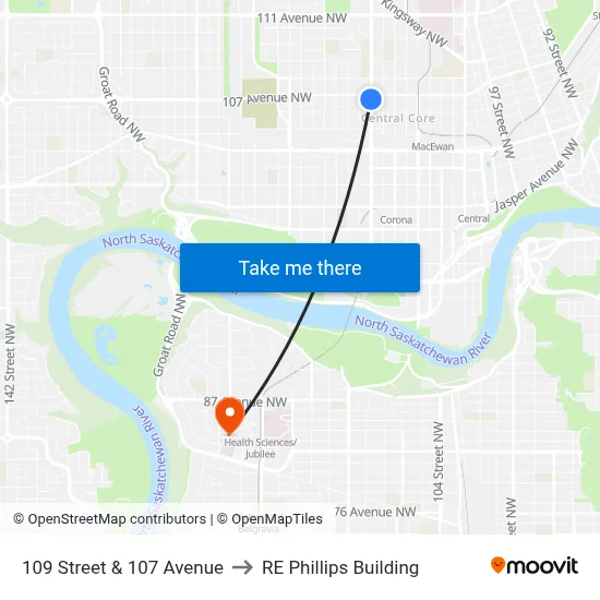 109 Street & 107 Avenue to RE Phillips Building map