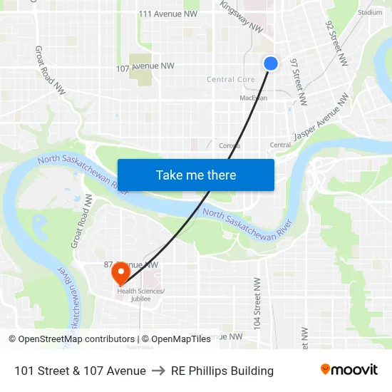101 Street & 107 Avenue to RE Phillips Building map