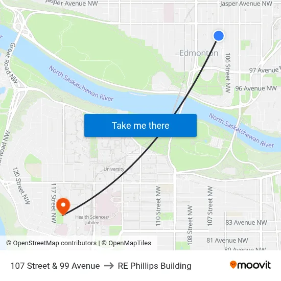107 Street & 99 Avenue to RE Phillips Building map