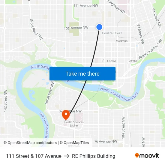 111 Street & 107 Avenue to RE Phillips Building map