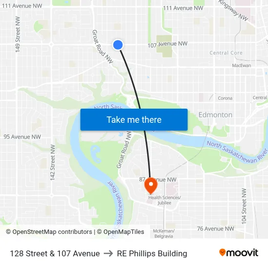 128 Street & 107 Avenue to RE Phillips Building map