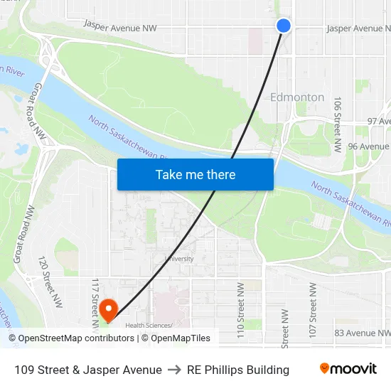 109 Street & Jasper Avenue to RE Phillips Building map