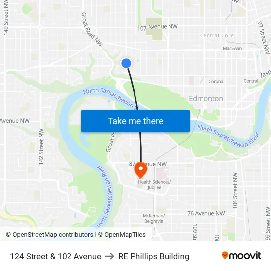 124 Street & 102 Avenue to RE Phillips Building map