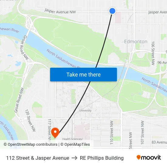 112 Street & Jasper Avenue to RE Phillips Building map