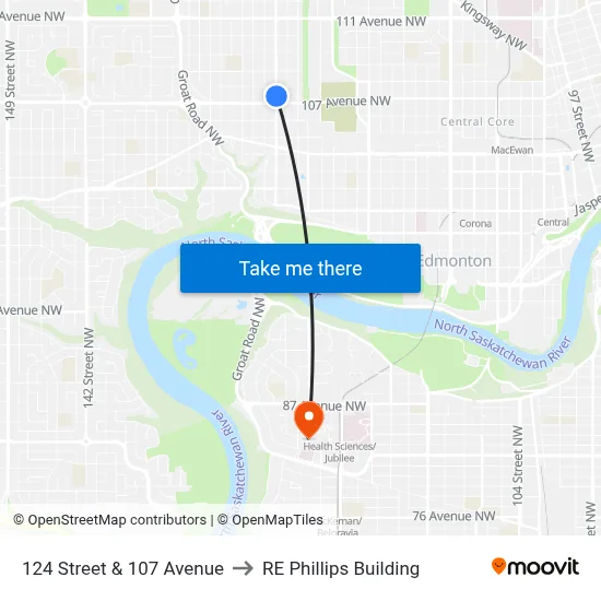 124 Street & 107 Avenue to RE Phillips Building map