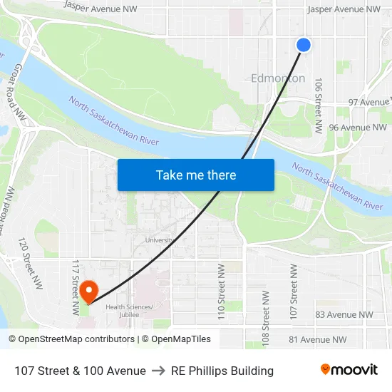 107 Street & 100 Avenue to RE Phillips Building map